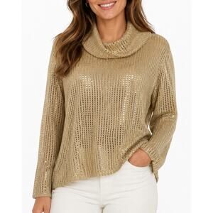 St John Top Sweater Gold Metallic Paillettes Knit Cowl Drape Neck Long Sleeve XL